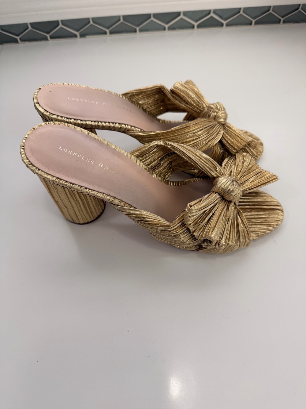 Loeffler Randall Metallic Gold Knotted Bow Block Heel Mules - Picture 2 of 10